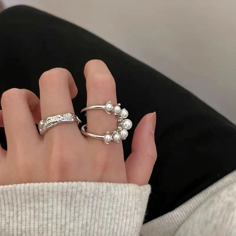 Vintage Faux Pearl Ring Stacking Pearl Cluster Rings set of 2, Adjustable Open Full Finger Ring Trendy Personality Pearls Statement Prom Jewellery