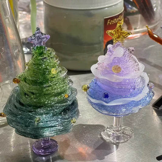 Handmade Blown Glass Christmas Tree Mini Handmade Christmas Tree Figurines Ornaments Art Glass Christmas Decoration for Home Tabletop Festival Gifts