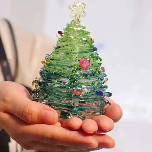 Handmade Blown Glass Christmas Tree Mini Handmade Christmas Tree Figurines Ornaments Art Glass Christmas Decoration for Home Tabletop Festival Gifts