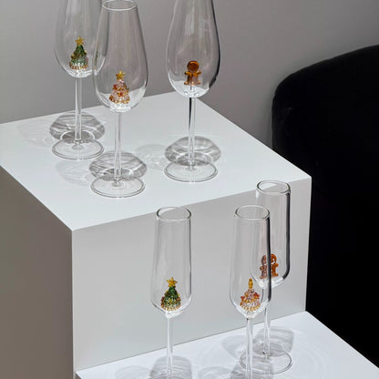 Champagne Flute Glasses with Christmas Tree / gingerbread inside, S6.1 oz, Classic Shape for Timeless Style, Ideal for Mimosas, Prosecco, Sparkling Wine