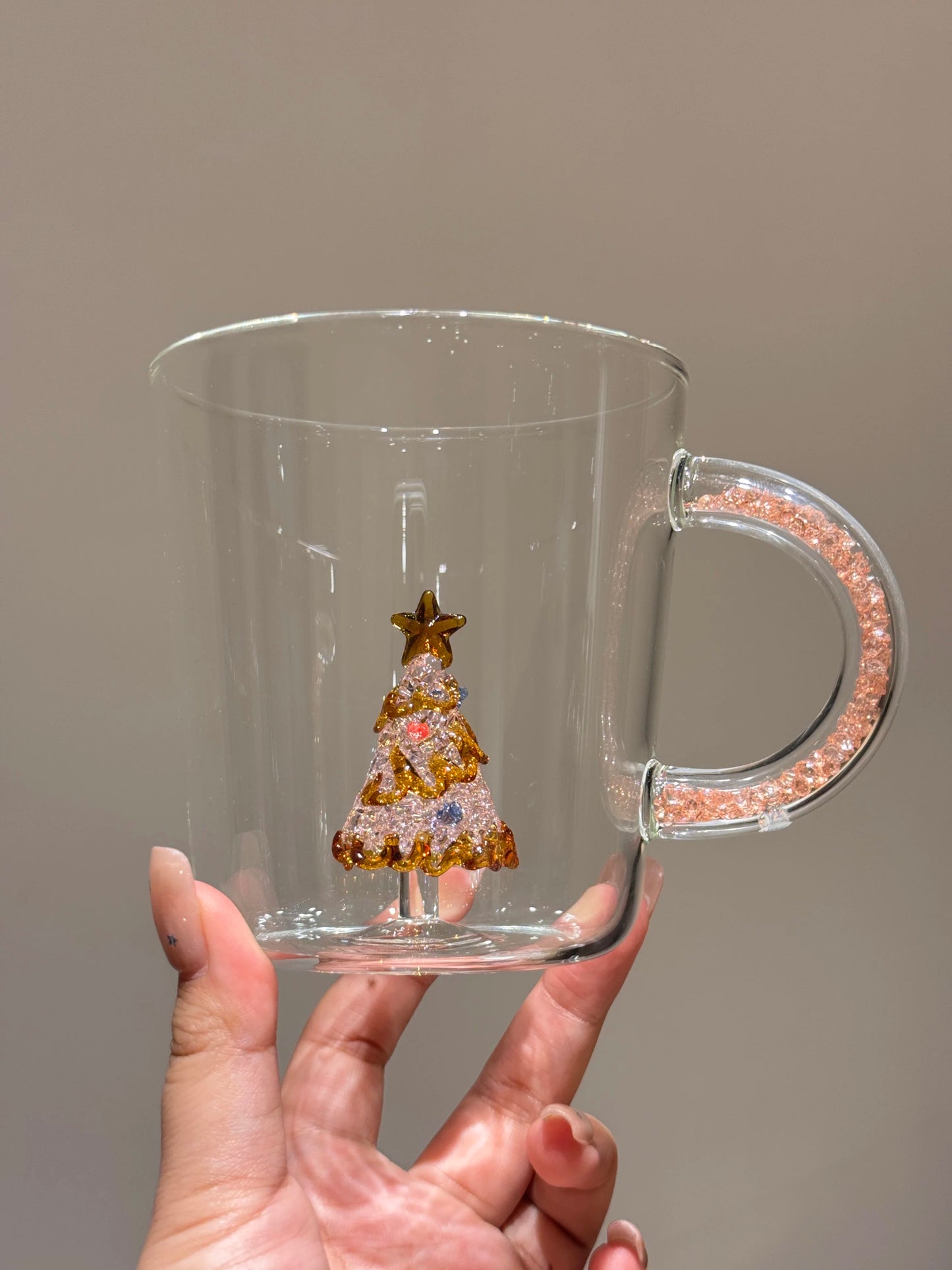 12 oz Christmas Tree Xmas Coffee Mugs Glass Cups Gifts Bulk Holiday Clear Drinking Glasses with Handle for Christmas Party Supplies Decorations