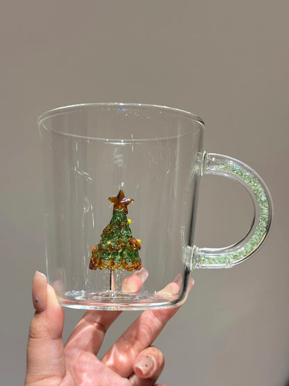 12 oz Christmas Tree Xmas Coffee Mugs Glass Cups Gifts Bulk Holiday Clear Drinking Glasses with Handle for Christmas Party Supplies Decorations