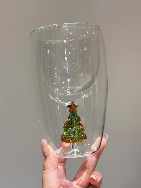 Stemless Wine Glass, 3D Wine Glass Cup with Christmas Tree, Christmas Stemless Wine Glass, Wine Glass Christmas Tree Green Glitter for Home Bar Christmas Party, Juice Glass