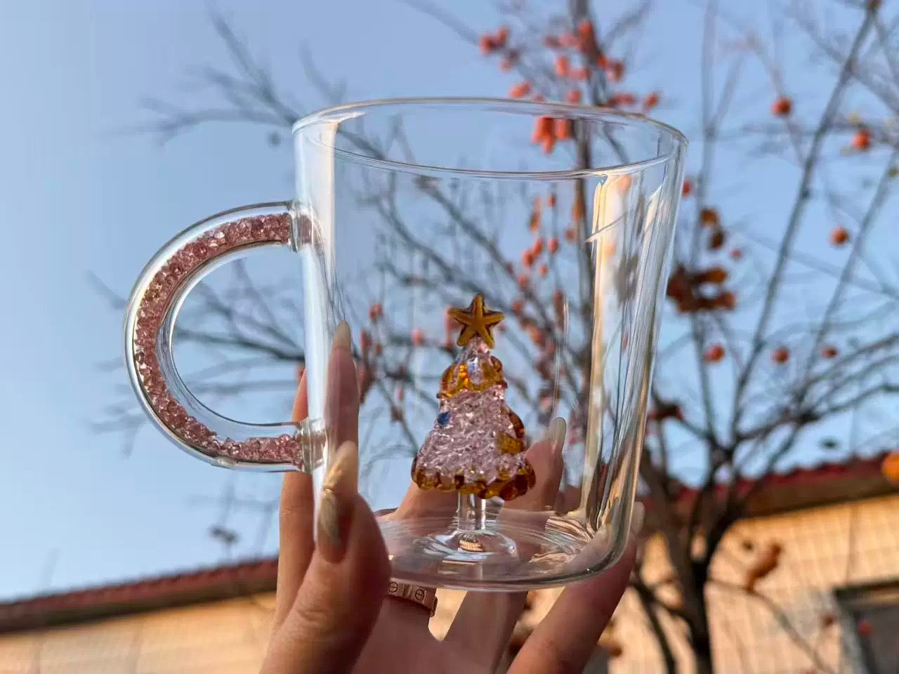 12 oz Christmas Tree Xmas Coffee Mugs Glass Cups Gifts Bulk Holiday Clear Drinking Glasses with Handle for Christmas Party Supplies Decorations