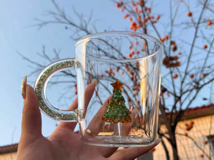 12 oz Christmas Tree Xmas Coffee Mugs Glass Cups Gifts Bulk Holiday Clear Drinking Glasses with Handle for Christmas Party Supplies Decorations