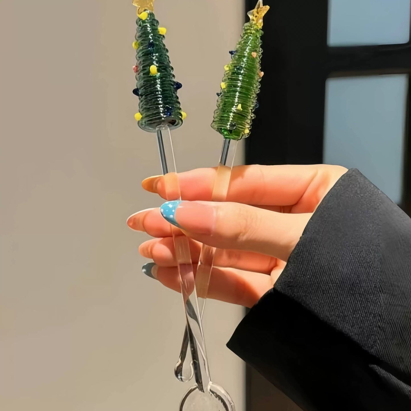 Christmas Tree Glass Swizzle Sticks and Spoon Set of 2, Handmade Holiday Drink Stirrers for Cocktails, Coffee, Hot Chocolate, Reusable Decorative Stir for Xmas Party, Barware & Gifts (Blue)