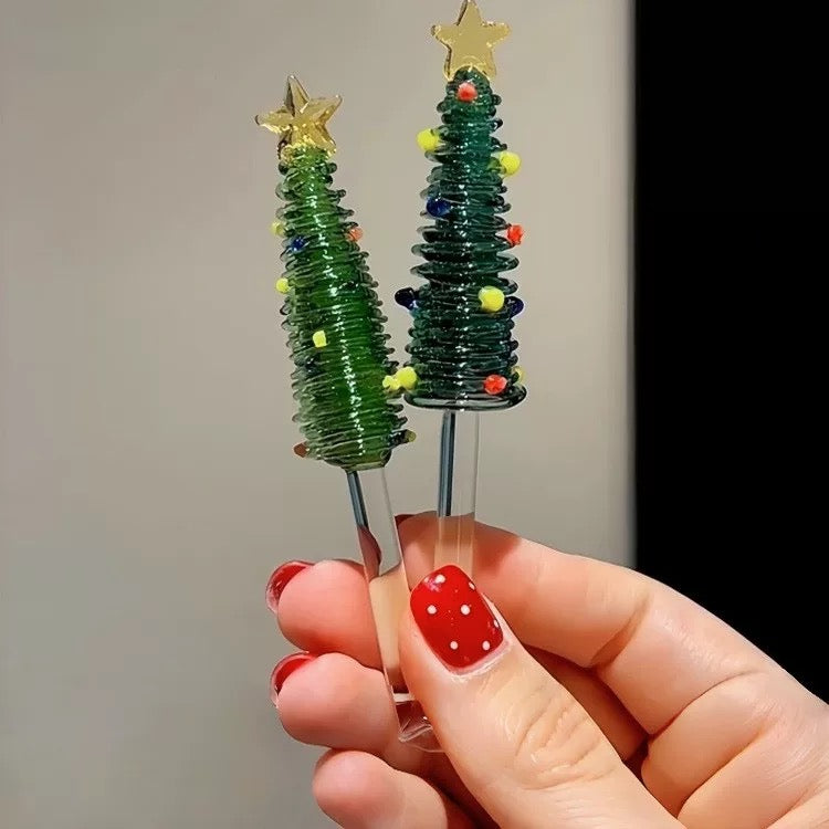 Christmas Tree Glass Swizzle Sticks and Spoon Set of 2, Handmade Holiday Drink Stirrers for Cocktails, Coffee, Hot Chocolate, Reusable Decorative Stir for Xmas Party, Barware & Gifts (Blue)