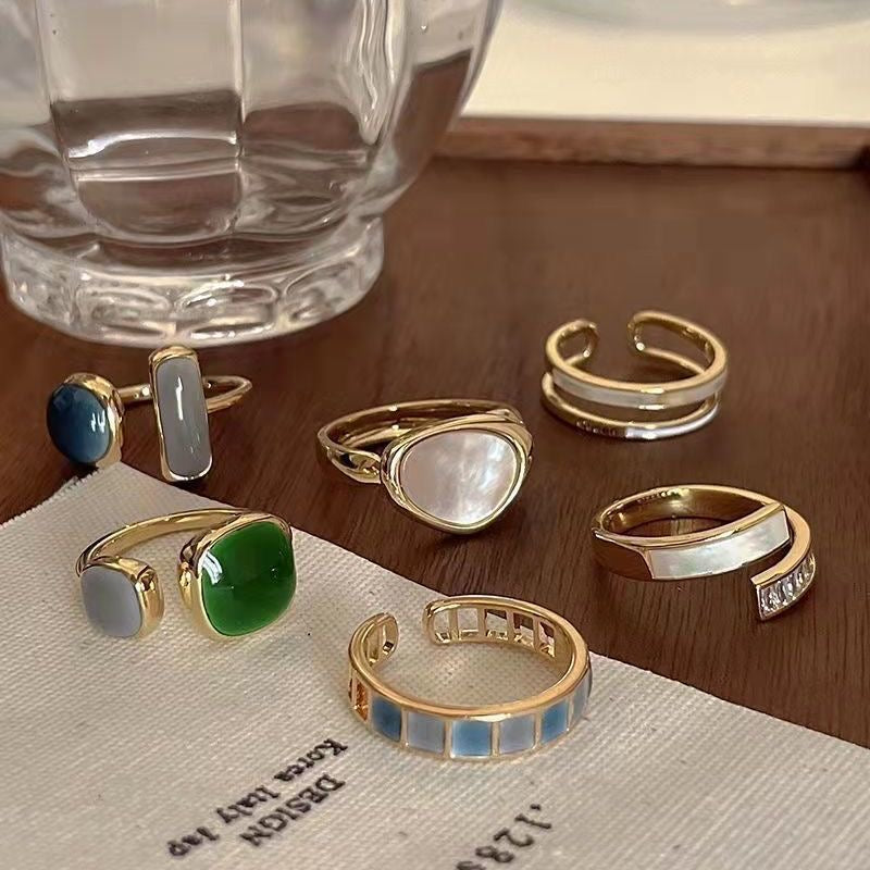 New 2026 Gift Fashion set of 6， Emerald Drip Glaze Adjustable Ring For Women French Retro Gold Color Metal Rings Exquisite  Jewellery Trendy Accessories Creative