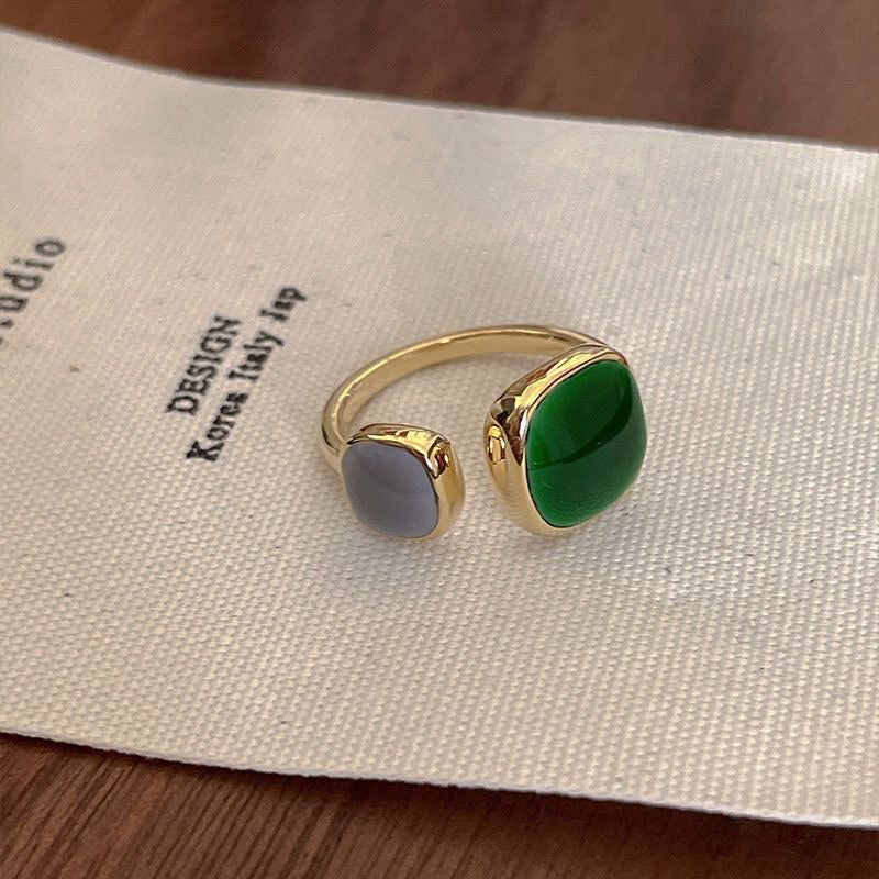 New 2026 Gift Fashion set of 6， Emerald Drip Glaze Adjustable Ring For Women French Retro Gold Color Metal Rings Exquisite  Jewellery Trendy Accessories Creative