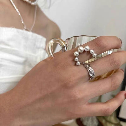Vintage Faux Pearl Ring Stacking Pearl Cluster Rings set of 2, Adjustable Open Full Finger Ring Trendy Personality Pearls Statement Prom Jewellery