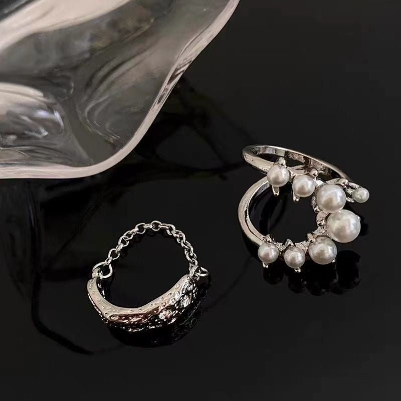 Vintage Faux Pearl Ring Stacking Pearl Cluster Rings set of 2, Adjustable Open Full Finger Ring Trendy Personality Pearls Statement Prom Jewellery