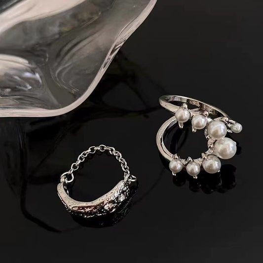 Vintage Faux Pearl Ring Stacking Pearl Cluster Rings set of 2, Adjustable Open Full Finger Ring Trendy Personality Pearls Statement Prom Jewellery