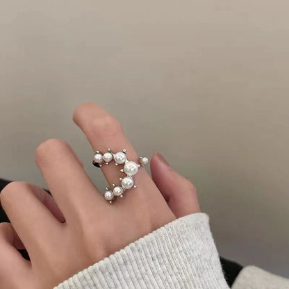 Vintage Faux Pearl Ring Stacking Pearl Cluster Rings set of 2, Adjustable Open Full Finger Ring Trendy Personality Pearls Statement Prom Jewellery