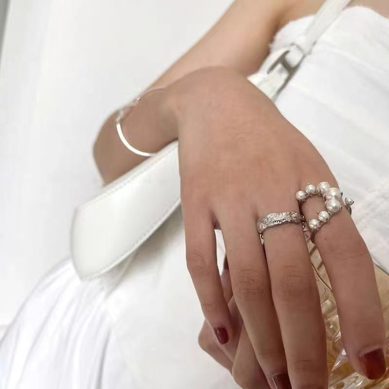 Vintage Faux Pearl Ring Stacking Pearl Cluster Rings set of 2, Adjustable Open Full Finger Ring Trendy Personality Pearls Statement Prom Jewellery