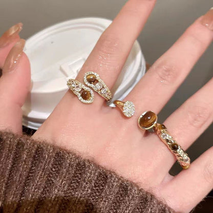 3Pcs Tiger's Eye Chunky Ring Vintage Gold Knuckle Rings Set for Women Boho Retro Sun Stackable Rings Adjustable Open Ring Aesthetic Sunburst Statement Rings Christmas Birthday Jewelry Gift