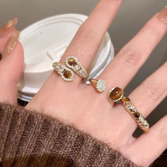 3Pcs Tiger's Eye Chunky Ring Vintage Gold Knuckle Rings Set for Women Boho Retro Sun Stackable Rings Adjustable Open Ring Aesthetic Sunburst Statement Rings Christmas Birthday Jewelry Gift