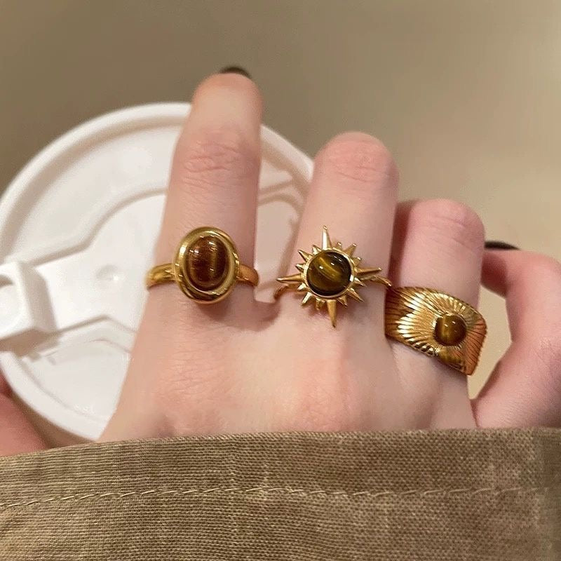 3Pcs Tiger's Eye Chunky Ring Vintage Gold Knuckle Rings Set for Women Boho Retro Sun Stackable Rings Adjustable Open Ring Aesthetic Sunburst Statement Rings Christmas Birthday Jewelry Gift