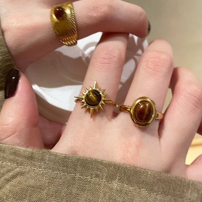 3Pcs Tiger's Eye Chunky Ring Vintage Gold Knuckle Rings Set for Women Boho Retro Sun Stackable Rings Adjustable Open Ring Aesthetic Sunburst Statement Rings Christmas Birthday Jewelry Gift