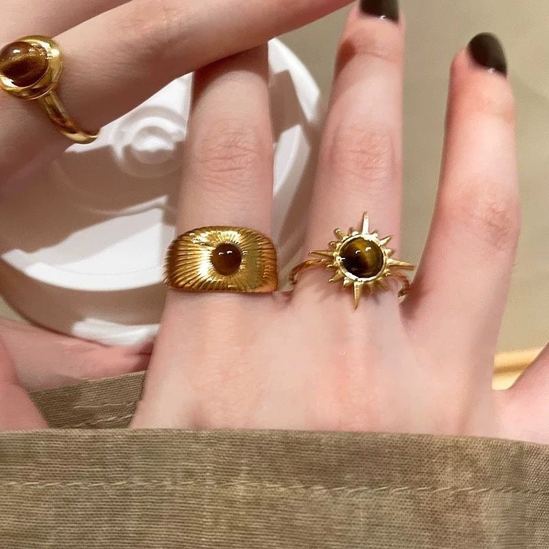 3Pcs Tiger's Eye Chunky Ring Vintage Gold Knuckle Rings Set for Women Boho Retro Sun Stackable Rings Adjustable Open Ring Aesthetic Sunburst Statement Rings Christmas Birthday Jewelry Gift