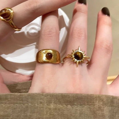 3Pcs Tiger's Eye Chunky Ring Vintage Gold Knuckle Rings Set for Women Boho Retro Sun Stackable Rings Adjustable Open Ring Aesthetic Sunburst Statement Rings Christmas Birthday Jewelry Gift