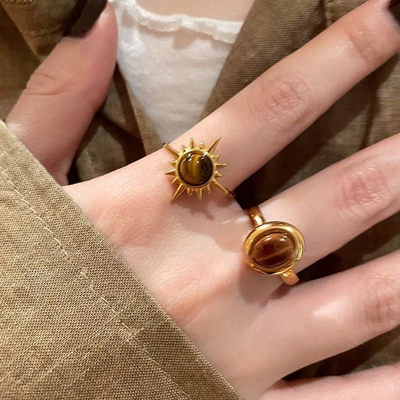 3Pcs Tiger's Eye Chunky Ring Vintage Gold Knuckle Rings Set for Women Boho Retro Sun Stackable Rings Adjustable Open Ring Aesthetic Sunburst Statement Rings Christmas Birthday Jewelry Gift