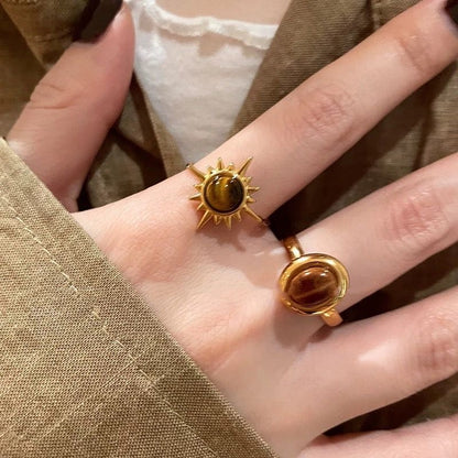 3Pcs Tiger's Eye Chunky Ring Vintage Gold Knuckle Rings Set for Women Boho Retro Sun Stackable Rings Adjustable Open Ring Aesthetic Sunburst Statement Rings Christmas Birthday Jewelry Gift