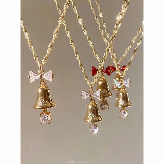 Christmas Jingle Bell Earrings and Necklace Set for Women Exquisite Gold Bell Red Bow Crystal Drop Pendant Xmas Statement Holiday for Her Jewelry Gifts