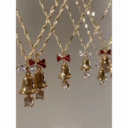 Christmas Jingle Bell Earrings and Necklace Set for Women Exquisite Gold Bell Red Bow Crystal Drop Pendant Xmas Statement Holiday for Her Jewelry Gifts