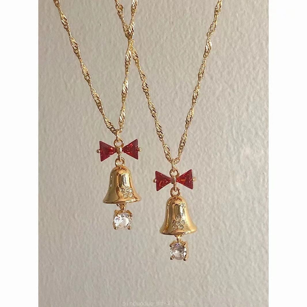 Christmas Jingle Bell Earrings and Necklace Set for Women Exquisite Gold Bell Red Bow Crystal Drop Pendant Xmas Statement Holiday for Her Jewelry Gifts