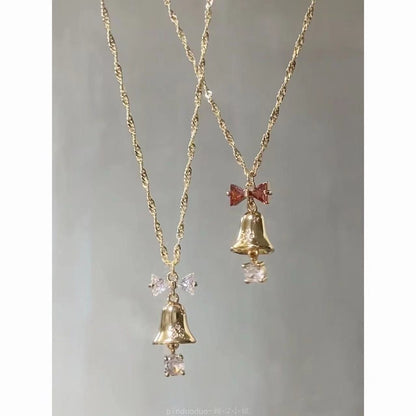 Christmas Jingle Bell Earrings and Necklace Set for Women Exquisite Gold Bell Red Bow Crystal Drop Pendant Xmas Statement Holiday for Her Jewelry Gifts