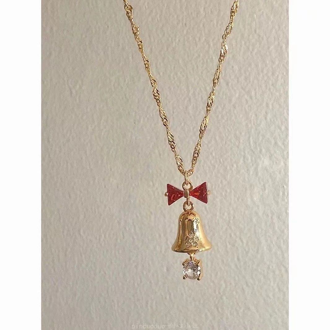 Christmas Jingle Bell Earrings and Necklace Set for Women Exquisite Gold Bell Red Bow Crystal Drop Pendant Xmas Statement Holiday for Her Jewelry Gifts