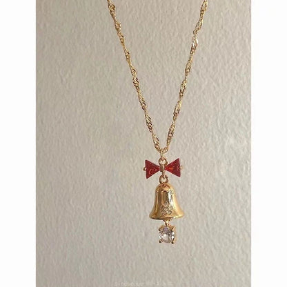 Christmas Jingle Bell Earrings and Necklace Set for Women Exquisite Gold Bell Red Bow Crystal Drop Pendant Xmas Statement Holiday for Her Jewelry Gifts