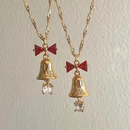 Christmas Jingle Bell Earrings and Necklace Set for Women Exquisite Gold Bell Red Bow Crystal Drop Pendant Xmas Statement Holiday for Her Jewelry Gifts