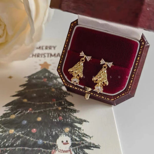 Christmas Jingle Bell Earrings and Necklace Set for Women Exquisite Gold Bell Red Bow Crystal Drop Pendant Xmas Statement Holiday for Her Jewelry Gifts